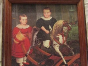 Folk Art Giclee On Canvas Boy And Girl On Rocking Horse Very Nice - Picture 1 of 3