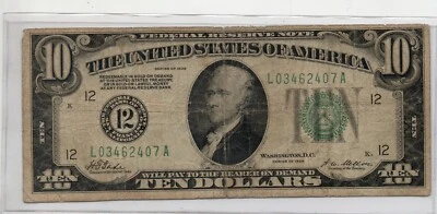 1928 $10 Federal Reserve Note wanted redeemable in gold San Francisco 12 - Image 1 of 2