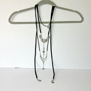 Multi-strand Faux Suede Choker Necklace w/ Tassels Boho Coastal Cowgirl Costume - Picture 1 of 9