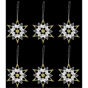 Gold and White Stars German Lace Christmas Tree Ornaments Set of 6 Germany - Picture 1 of 5