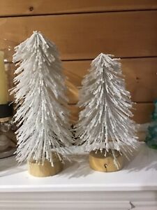Lg Bottle Brush Christmas Tree Sisal White Flocked With Snow Set Of 2, 12” & 15”