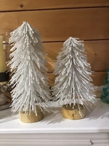 Lg Bottle Brush Christmas Tree Sisal White Flocked With Snow Set Of 2, 12” & 15” - Picture 1 of 5