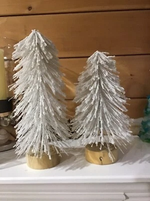 Lg Bottle Brush Christmas Tree Sisal White Flocked With Snow Set Of 2, 12” & 15” - Image 1 of 4