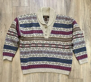 Vintage EDDIE BAUER Men’s Henley Cardigan Striped Pullover Wool Sweater Large - Picture 1 of 8