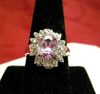 ANILLO DE CRISTAL GEMA ROSA FLOR FLORAL TONO PLATA MODA TALLA 9.25 Foto 1 de 4