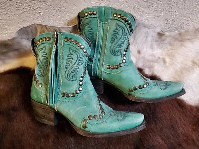 ~ * $510 Lane x Double D Ranch GARCITAS 绿松石皮革西部牛仔靴 6.5 ~ — 第 1/4 张图片