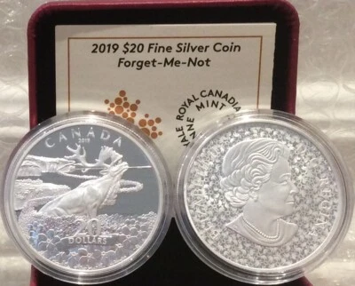 2019 Forget-Me-Not Flowers $20 1OZ Silver Proof Coin Canada Newfoundland Caribou - Image 1 of 3