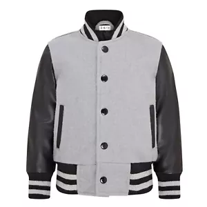 Chaqueta de bombardero universitaria de lana gris para niños con mangas de cuero real 3-13 años - Imagen 1 de 8