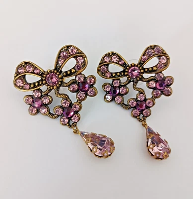 Michal Negrin Bow Earrings Purple Crystal Floral Dangle Romantic Statement VTG - Image 1 of 4