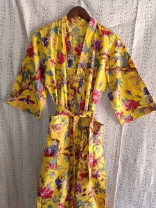 Bird Print Women's Gown Maxi Dress Indian Printed Cotton Kimono Nightwear Robe - Picture 1 of 4