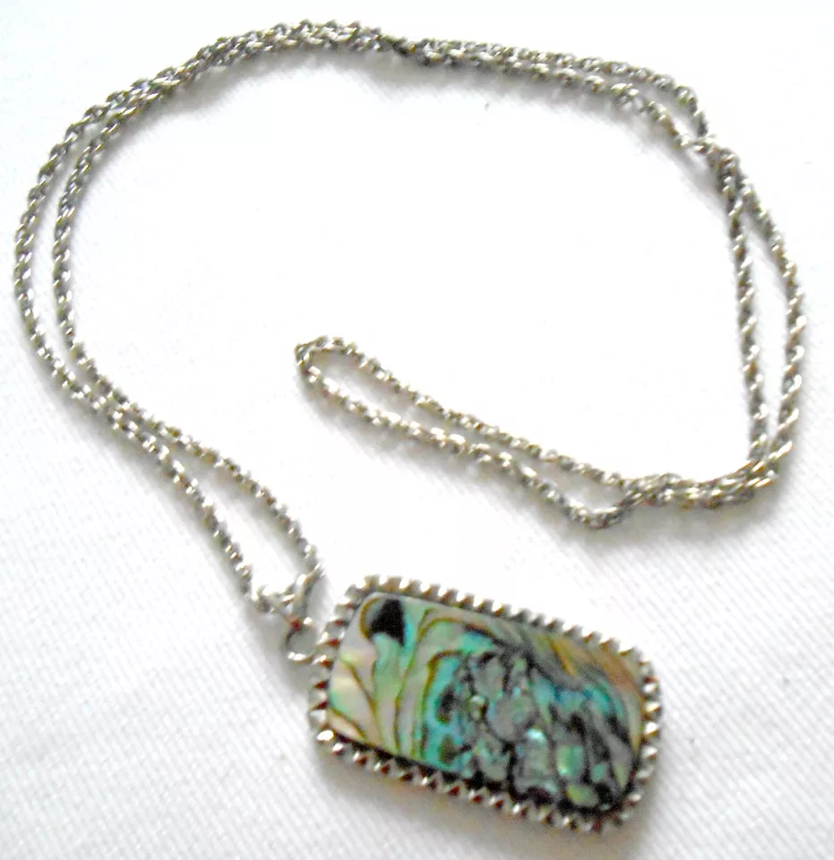 Exquisite England Abalone Shell Pendant silvertone 1950s vintage necklace vgc - Image 1 of 4