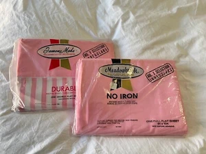 VTG Famous Make Lot 2 FULL Flat Sheets Pink Solid | Striped Retro MCM NWOT - Picture 1 of 8