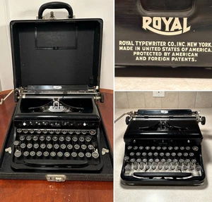 Máquina de escribir Royal 1938 negro brillante modelo O Art-Deco teclas de vidrio funciona con estuche - Imagen 1 de 21