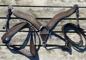 Juego de cabecera/collar occidental marrón bicolor mecanizado con tachuelas de cobre - Imagen 1 de 4