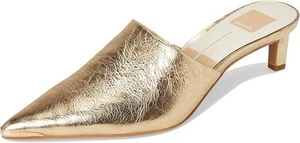 Dolce Vita Lexy Gold Distressed Leather Pointed Toe Kitten Heeled Slip On Mules - Picture 1 of 6