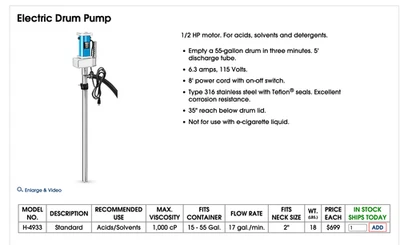 Bomba de tambor eléctrica industrial ULINE, acero inoxidable, tambores de 55 galones Foto 1 de 2