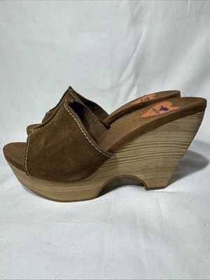 Rocket Dog Y2K VTG  Chunky Platfrom Wedge Brown Suede PEEP Toe Slides 7.5 PHOTOS - Image 1 of 4
