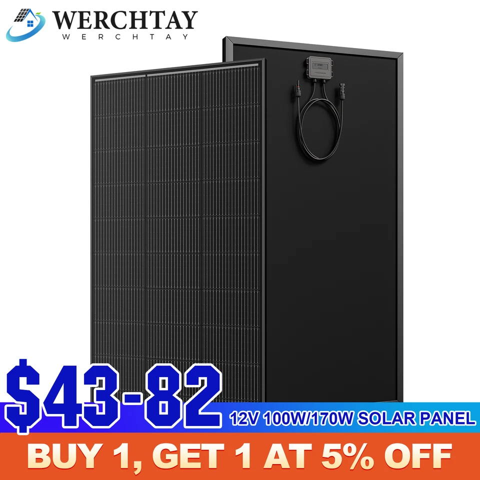 100W 170W 200W 300W Watt Monocrystalline Solar Panel 12V RV Boat Home Off Grid - Image 1 of 4