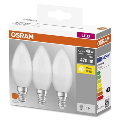 Osram Base Classic B40 5.7 Watt E14 Warm White Frosted LED Bulb - Triple Pack - Image 1 of 4