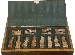 Vintage Chess Set Carved Soap Stone wood box hinged - Picture 1 of 23