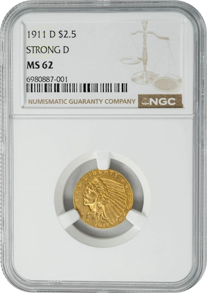 1911-D $2 1/2 Gold Indian Strong D $2.5 MS62 NGC 950201-3 - Image 1 of 4