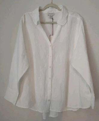 Camisa Blusa Laura Ashley Ojales Lino Algodón Botones Manga Larga Blanca Plus 2X Foto 1 de 4