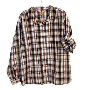 Plaid Button Front Shirt 2XL Roll Tab Sleeves Pocket Women Hiking Outdoors - Picture 1 of 14
