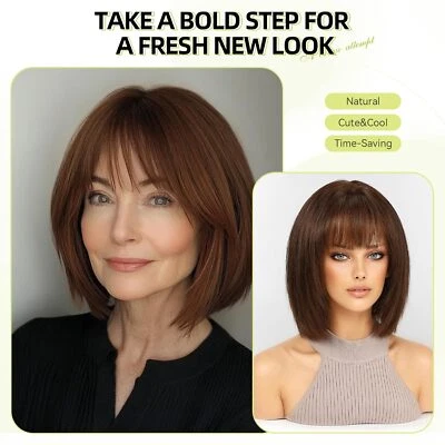 Dark Brown 100% Human Hair Wigs with Bangs Bob Brown Human Hair Wig None Lace - Imagem 1 de 4