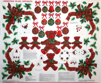 CHRISTMAS PLAID BEAR, ORNAMENTS AND RIBBONS APPLIQUE PANEL -  100% COTTON FABRIC - Image 1 of 4