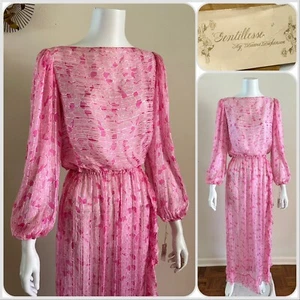 NWT 1970s Gentillesse Tissue Silk Pink Sheer Floral Maxi Party Dress Ruffle VTG - Picture 1 of 24
