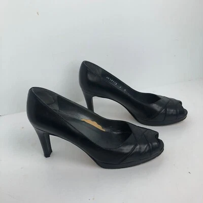 Stuart Weitzman Size 3”  Heel Black Leather Slip On Open Toe Rockabilly womans - Image 1 of 4