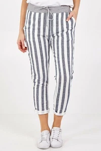 New Womens Ladies Italian Summer Cotton Striped Print Jogging Trousers Plus Size - Picture 1 of 7