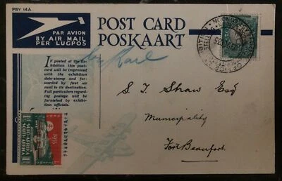 Cubierta de postal de correo aéreo de Sudáfrica de Johannesburgo 1935 a Fort Beaufort Xmas Labe Foto 1 de 2