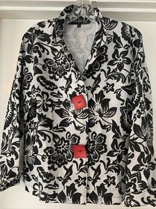 PAINTED PONY OPEN JACKET 100% LINEN BLACK & WHITE PRINT RED BUTTONS-M - Picture 1 of 4