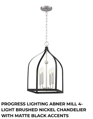 Progress Lighting Abner Mill 4 Light Brushed Nickel Chandelier Black Accents   - Image 1 of 4