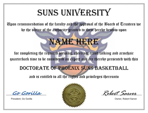 PHOENIX SUNS PERSONALIZED FAN DIPLOMA, GREAT GIFT Cover