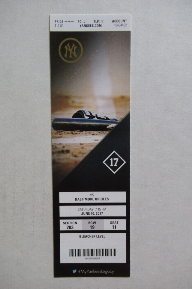 ПОЛНЫЙ БИЛЕТ NEW YORK YANKEES VS BALTIMORE ORIOLES 6/10/2017 ~ AARON JUD HR - Изображение 1 из 1