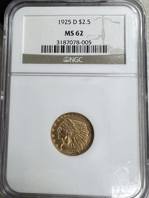 1925 d 2.50 gold indian✅️NGC MS-62! SUPER NICE 62 - Image 1 of 2