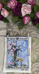 Vintage Royal Paris Needlepoint Canvas France Watering Can Flowers Birds Art Dec - Picture 1 of 5