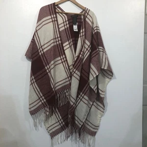 Banana Republic Wrap Plaid Rosso Crema Frange Poncho Cape Scialle OS Taglia Unica Nuovo con etichette - Foto 1 di 7