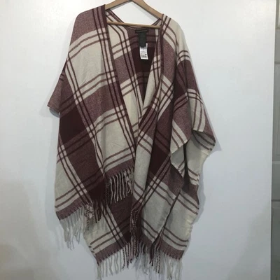 Banana Republic Wrap Plaid Red Cream Fringe Poncho Cape Shawl OS One Size NWT - Image 1 of 4