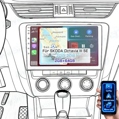 64GB Android 15 Carplay Autoradio Für SKODA Octavia III 3 5E 2013-18 BT GPS Navi - Bild 1 von 4