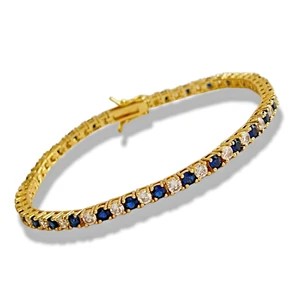 Yellow Gold Finish Created Diamond Round Cut Blue Sapphire Bracelet - Picture 1 of 7
