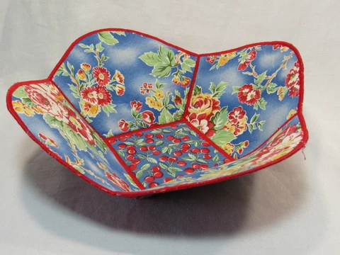 Hand-Crafted OOAK Fabric Panel Basket Bowl Colorful Retro Floral & Cherries Cover
