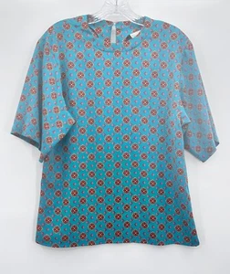 Vintage Evan Picone Blouse Womens  Teal  Geometric Bright Pattern Diamonds Sz 10 - Picture 1 of 7