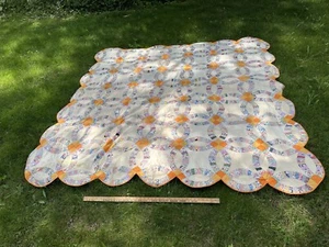 Vintage Completed Quilt Double Wedding Ring Pattern Serpentine Edge 88” Square - Picture 1 of 10