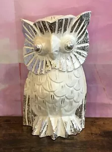 White Silver Large Wooden Owl Shabby Pattern 20cm x 13cm Handmade and Fairtrade - Picture 1 of 6