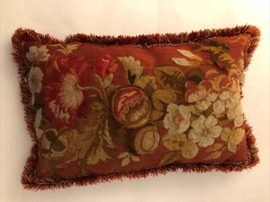 Antique French Aubusson Tapestry Lumbar Pillow Floral Fruit Fringe Wool 11”x18” - Picture 1 of 19