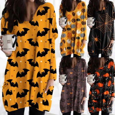 Womens Halloween Pumpkin Long Sleeve Tunic Tops Ladies Casual Loose Shirt Blouse - image 1 of 4
