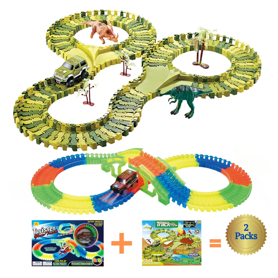 Glow in Dark Twister & Dinosaurs Race Tracks w/ Dinos, Trees Trucks - 2 Packs - Image 1 of 4